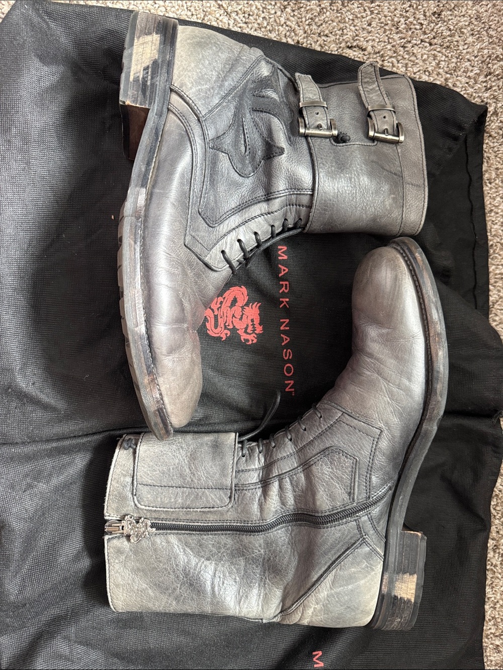 Mark Nason Distressed Gray Leather Moto Boots size 10